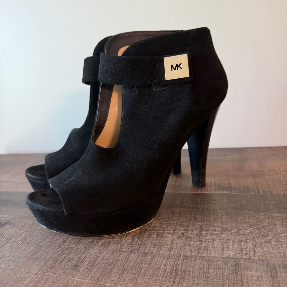 Michael Kors Black Suede Peep-Toe Platform Ankle Strap Heels with Gold MK Plaque